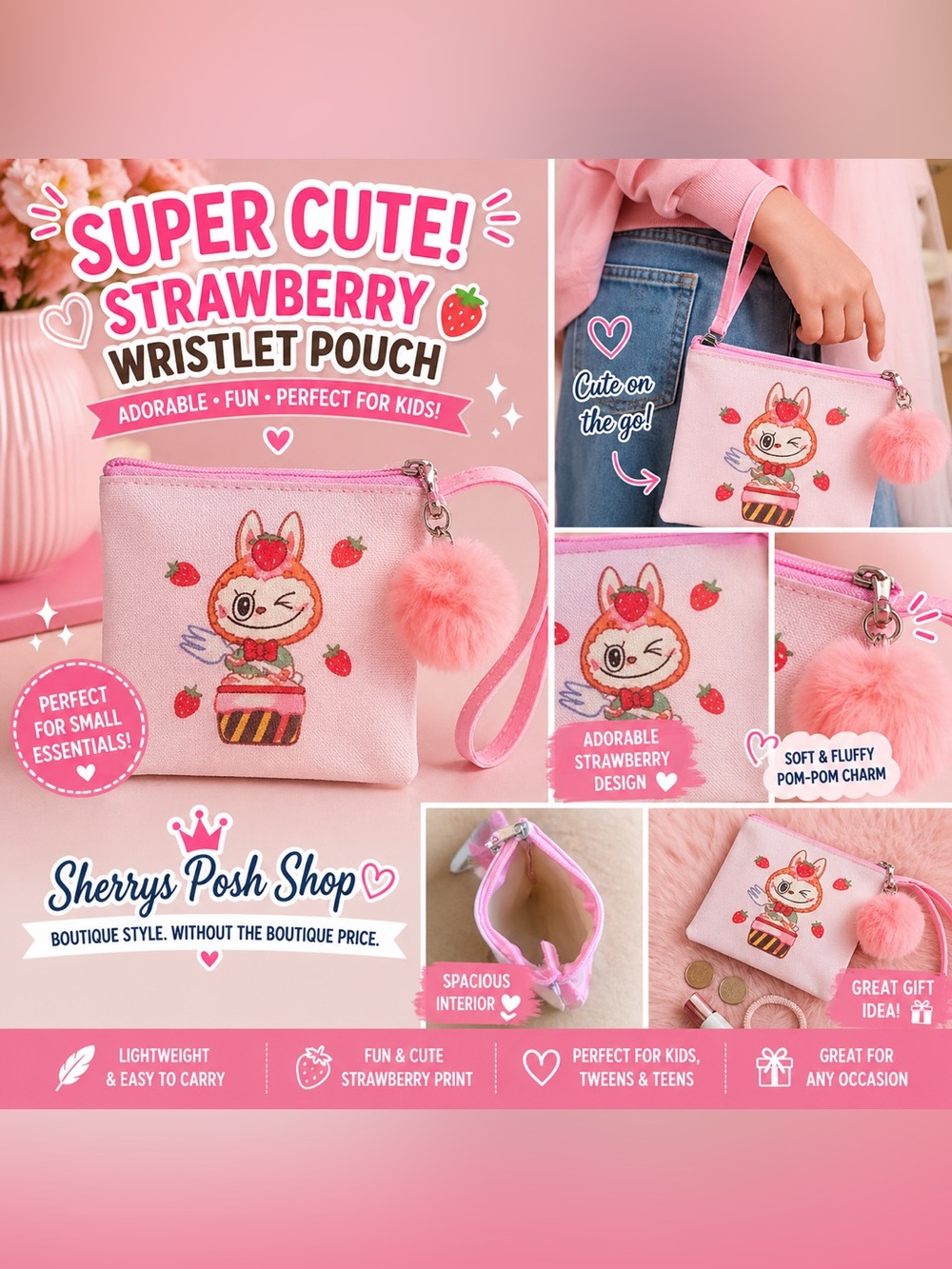 Strawberry Labubu Inspired Pink Wristlet Pouch Kids Cute Coin Bag